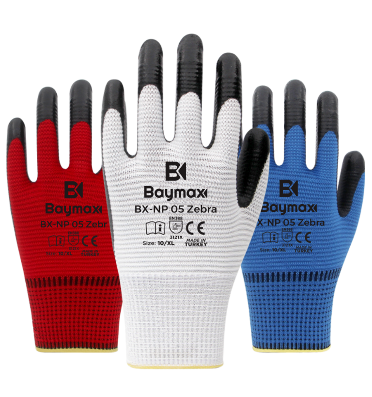BAYMAX BX-NP 05 KIRMIZI-SİYAH ZEBRA MODEL POLYESTER ÖRME NİTRİL MONTAJ ELDİVENİ
