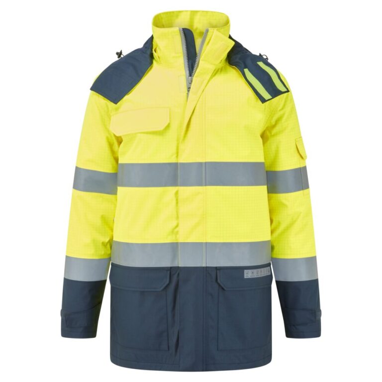 Portwest FR617 - Bizflame Rain+ Hi-Vis Çok Normlu Kontrast FR Kışlık Ceket Sarı/Lacivert EN ISO 11612 A1+A2, B1, C1, F1 EN ISO 11611 Class 1 A1+A2 EN 1149 -5 IEC 61482-2 IEC 61482-1-1, ATPV 37 CAL/CM²